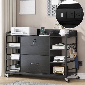 Black Printer Stand Bookcase Power Station Mobile Office File Cabinet