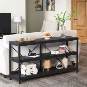 Industrial 55-inch Black Wood Shelf Sofa Table with Heavy Duty Metal Frame
