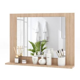 Rectangular 23 x 17 inch Bathroom Wall Mirror with Shelf in Brown Wood Finish