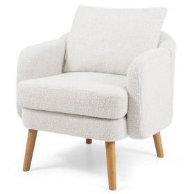 Modern White Sherpa Upholstered Accent Chair with Wooden Legs