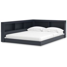 Full size Blue Wooden Corner Storage Bed with Bookcase Headboard and USB Ports