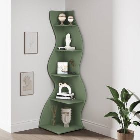 Modern Whimsical 5 Shelf Corner Bookcase in Green Wood Finish