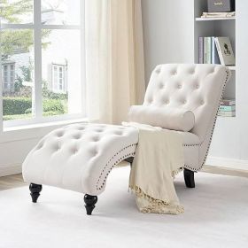 Plush Upholstered Tufted Armless Chaise Lounge Chair w/ Pillow Cream