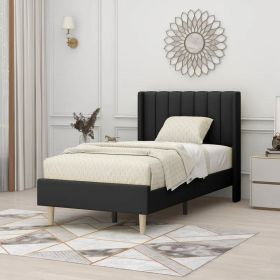 Twin size Mid-Century Black Linen Platform Bed Frame with Upholstered Headboard