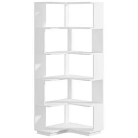 Multifunctional 6 Shelf Corner L-Shaped Bookcase in White Wood Finish