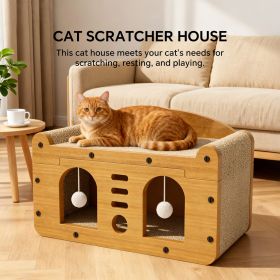 Cat Scratcher House with Bed and Hanging Pom-Pom Toy, Wooden Cat Cave with Corrugated Scratching Board