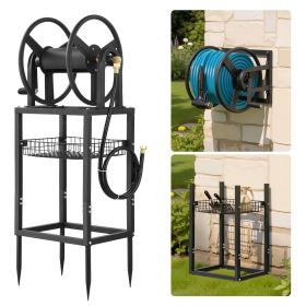 Freestanding Garden Hose Reel, Holds 200 Feet of 5/8-inch Hose, Wall Mount or Ground Mount, Detachable Holder Stand with Storage Rack