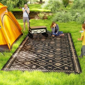 Reversible Outdoor Rug, Waterproof Plastic Straw With Carry Bag, 9 X 18, Black & Brown Rhombus (Option: BROWN)