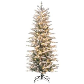 6 Pre Lit Artificial Flocked Christmas Trees, with Snow Branches, Warm Yellow Clear Lights, Auto Open, Extra Bulb (Option: Green-980x270x290 mm)