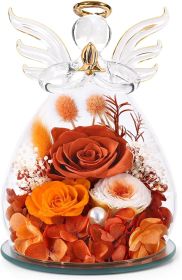 Gifts for Mom Birthday Gifts for Women Preserved Rose Forever Flower in Glass Angel Figurines Fresh Flowers for Delivery Anniversary Mothers Day (Color: Orange (Rose, Austin, Baby's Breath, Hydrangea))